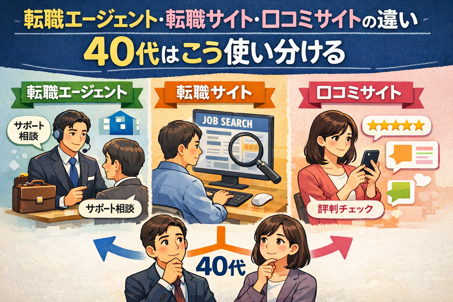 転職エージェント・転職サイト・口コミサイトの違い｜40代はこう使い分ける